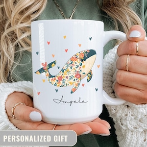 Personalized Whale Mug, Floral Whale Coffee Cup, Custom Ocean Lover Gift, Nautical Marine Life Mug, Sea Animal Lover Cup, Coastal Whale Gift
