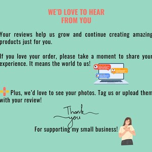 K&ouml;nnte beinhalten: Eine t&uuml;rkisfarbene Grafik mit dem Text "WE'D LOVE TO HEAR FROM YOU". Der Text ermutigt Kunden, Bewertungen und Fotos zu teilen. Ein Laptop mit Chat-Blasen und eine Cartoon-Figur sind ebenfalls enthalten.