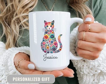 Personalized Floral Cat Mug, Custom Cat Lover Gift