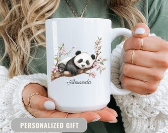 Personalized Floral Panda Mug, Sleeping Panda Coffee Cup With Name, Custom Animal Lover Gift For Mom, Panda Mug Birthday Present for Grandma
