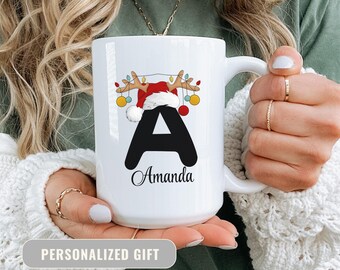 Personalized Christmas Initial Mug, Reindeer Santa Hat Monogram Cup