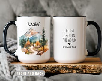 Personalized Uncle Mug, Custom Name Coffee Cup, Coolest Uncle Gift, Outdoor Nature Mug, Birthday Present From Niece Or Nephew, Rustic Cup