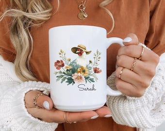 Personalized Chicken Mug, Cottagecore Floral Farmhouse Coffee Cup
