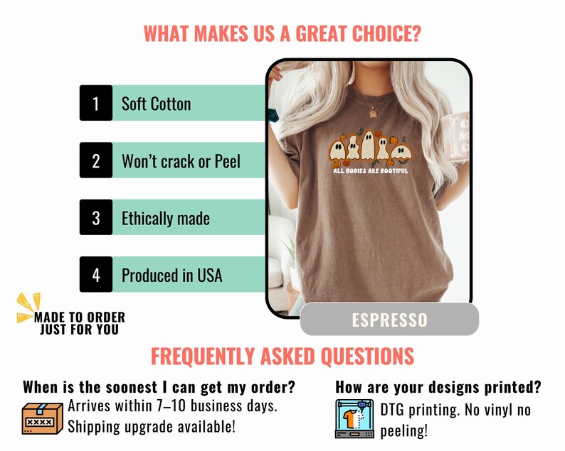 K&ouml;nnte beinhalten: Espressofarbenes T-Shirt mit einem Halloween-Motiv mit Geistern und K&uuml;rbissen. Der Text "ALL BODIES ARE BOOTIFUL" ist unter dem Motiv aufgedruckt. Das Bild hebt auch die Eigenschaften des Shirts hervor: weiche Baumwolle, ethisch hergestellt und in den USA produziert.