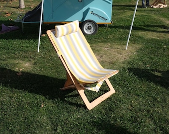 Adjustable Camping Recliner – Yellow and Gray-White Striped Design