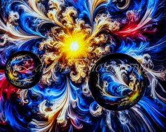 Remolinos cósmicos coloridos en el fondo con detalles de bola de lente en primer plano