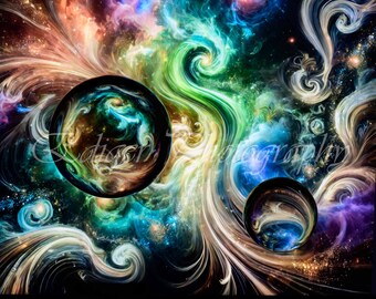 Remolinos celestiales de color verde, azul y morado con esferas de lentes