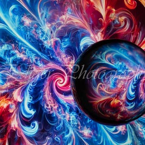 May include: Abstract digital art featuring a swirling, colorful design in shades of blue, red, and pink. A black sphere with a similar design is in the center of the image.