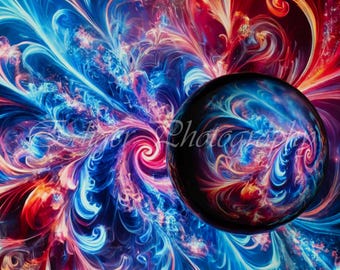 Imágenes abstractas de una bola de lente con un fondo cósmico colorido y giratorio