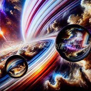 May include: A colorful abstract space scene with two orbs, one large and one small, floating in front of a swirling galaxy. The orbs are filled with swirling clouds and streaks of light.