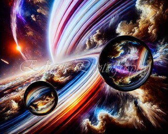 Anillos cósmicos vívidos y orbes reflectantes en un paisaje galáctico surrealista