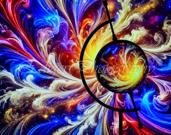 Remolinos cósmicos rojos, azules y amarillos con un orbe iluminado que distorsiona el fondo en una exhibición celestial surrealista