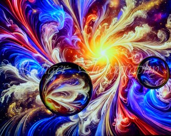 Remolinos cósmicos radiantes de color rojo, azul y amarillo con orbes brillantes en una escena galáctica vibrante