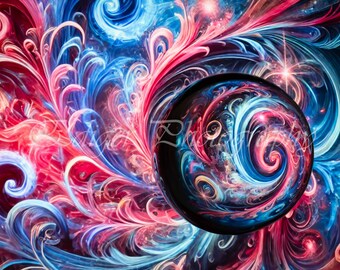 Imagen abstracta de una bola de lente con fondo azul y rojo en remolino