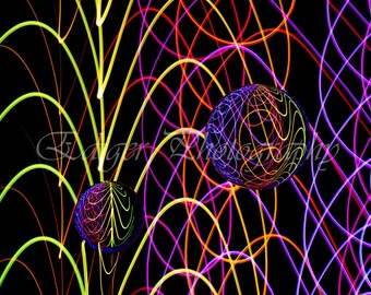 Patrones de luces de neón vibrantes con esferas de vidrio sobre fondo negro