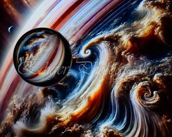 Tormentas cósmicas y tormentas planetarias arremolinadas con reflejos en forma de bola de lente