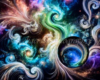 Colores azul verdoso melocotón arremolinados con un orbe en forma de bola que distorsiona el fondo cósmico en una danza celestial de luz y espacio