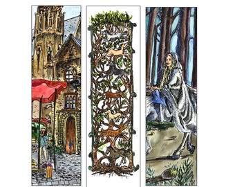 May include: Three watercolor illustrations on a white background. The first illustration shows a medieval building with a red awning and a person standing in front of it. The second illustration shows a tree with many animals climbing on it. The third illustration shows a woman in a white cloak sitting on a rock in a forest.