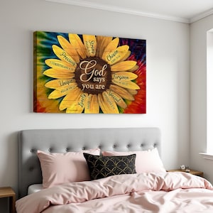 God Says You Are Sunflower Wall Art, Christian Bible Verse Canvas, Colorful Religious Decor, Inspirational Scripture Print for Home