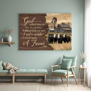 God Made A Farmer Wall Decor, Rustic Farmhouse Cow Canvas Art, Christian Quote Poster, Jesus Landscape Canvas Prints, Country Barn Wall Art