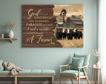 God Made A Farmer Wall Decor, Rustic Farmhouse Cow Canvas Art, Christian Quote Poster, Jesus Landscape Canvas Prints, Country Barn Wall Art