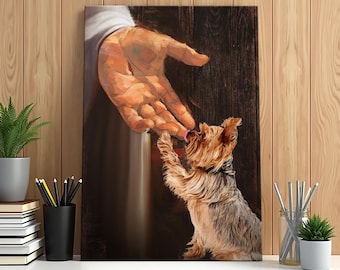 Yorkshire Terrier painting, Jesus hand, In the hand of God, Jesus Portrait Canvas Prints, Wall Art, Christian Wall Art, Jesus Wall Art