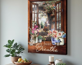 Beautiful scene, Sunlight, Hummingbird, Flower garden, Just breathe, Jesus Portrait Canvas Prints, Christian Wall Art, Jesus Wall Art