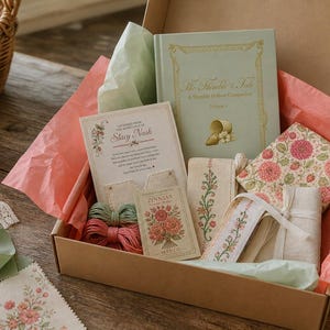 May include: A craft box filled with various items, including a book, cards, spools of thread, and fabric. The box contains pink and green tissue paper, and a basket of daisies sits nearby. The items have a vintage aesthetic.