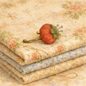 May include: A stack of floral patterned fabric in cream, blue, and yellow tones, with a tomato-shaped pin cushion in orange and green. The pin cushion has silver pins and a gold-colored handle. A length of twine rests on the fabric.