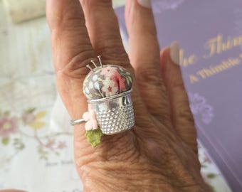 Thimble Pincushion Ring-Thimble Hollow Keepsake Stitchers Ring with adjustable size band