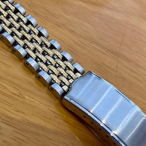 19mm Stainless Steel 2-Tone Beads of Rice Watch Bracelet Band w/ Curved End Links