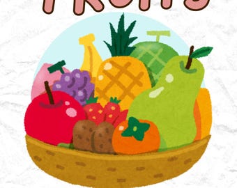 May include: A coloring book page featuring a basket of fruit. The basket is filled with a variety of fruits, including a pineapple, pear, apple, grapes, strawberries, and a melon. The title of the page is "FRUITS COLORING BOOK".