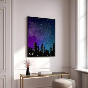 Sternenklare Nacht Skyline: Urbane Träume unter kosmischen Lichtern - Digital Poster Download, Wandbild Stadtansicht, Nachthimmel Poster