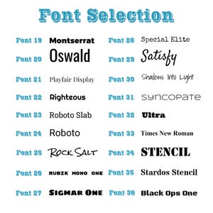 May include: A white background displays a "Font Selection" title in teal, with 18 font examples. Each font is paired with a number, showcasing various styles like "Oswald," "Roboto," and "STENCIL."