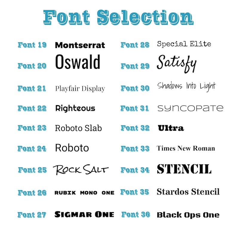 May include: A white background displays a "Font Selection" title in teal, with 18 font examples. Each font is paired with a number, showcasing various styles like "Oswald," "Roboto," and "STENCIL."