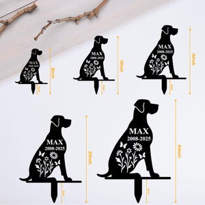 May include: Black metal dog silhouette garden stakes with floral and butterfly cutouts. Each stake features the name "MAX" and the years "2008-2025". Sizes range from 8 inches to 24 inches tall.