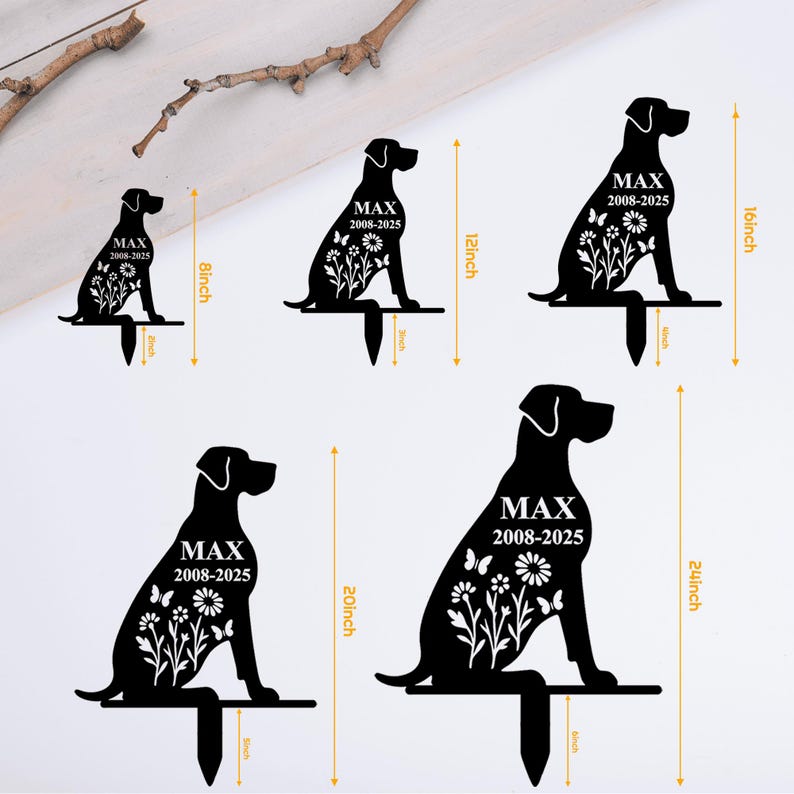 May include: Black metal dog silhouette garden stakes with floral and butterfly cutouts. Each stake features the name "MAX" and the years "2008-2025". Sizes range from 8 inches to 24 inches tall.
