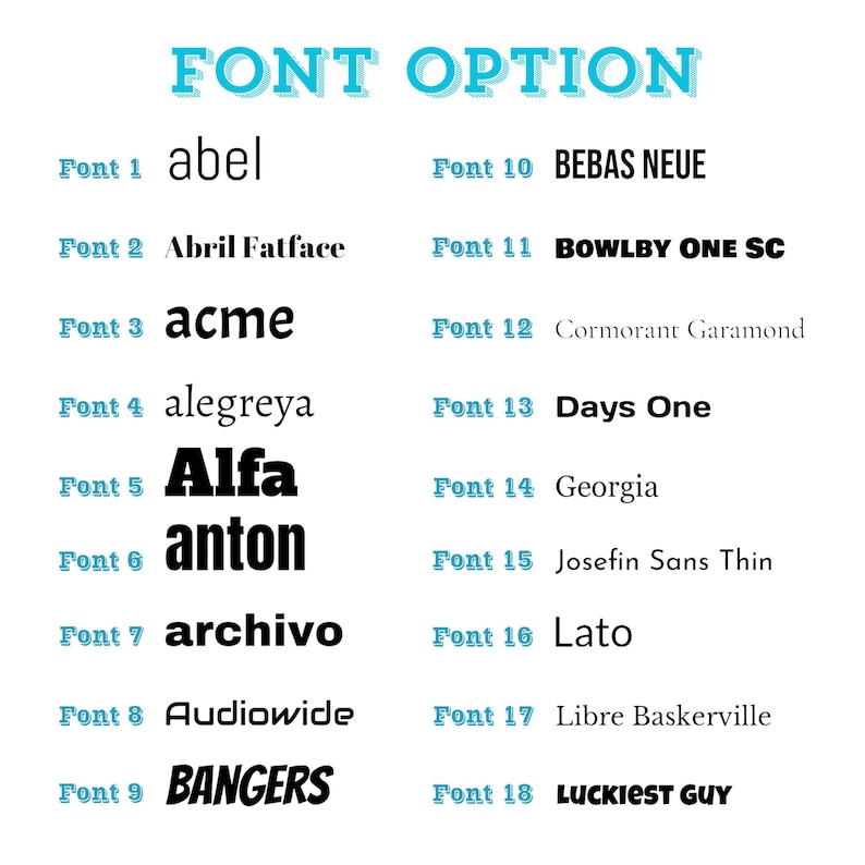 May include: A white background displays a list of 18 font options. The title "FONT OPTION" is in a 3D light blue font. Each font is numbered and named, including "abel", "Abril Fatface", "acme", "alegreya", "Alfa", "anton", "archivo", "Audiowide", and "BANGERS".