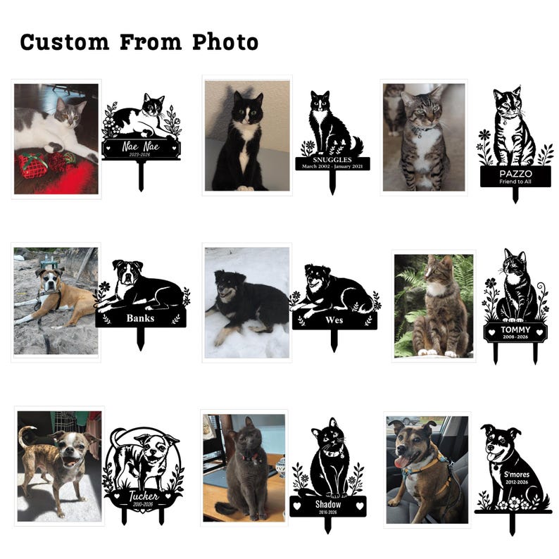 May include: A collection of pet memorial garden stakes featuring various cats and dogs. Each stake includes a photo of the pet and their name, with dates. The stakes are black metal cutouts with decorative floral accents.