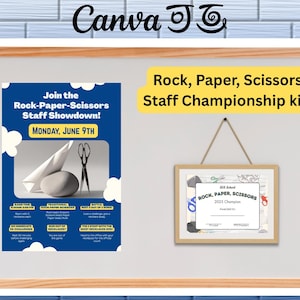 May include: A corkboard with a blue and yellow poster announcing a Rock-Paper-Scissors staff showdown on Monday, June 9th. The poster includes instructions and rules for the game. Below the poster is a framed certificate for the 2023 Rock-Paper-Scissors champion.