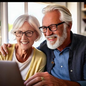 以下が含まれることがあります： シニアのカップルがラップトップを見ながら笑顔を見せています。画面には「Windows 11 シニアのためのガイドユーモアを添えて」と「Alan Dubin 作成」のテキストが表示されています。