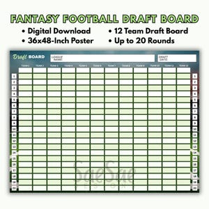 Fantasy Football Draft Board – 36x48 Poster, 12 Teams, 20 Rounds (Digital Download)