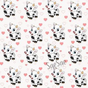 Baby Cow and Hearts Seamless Pattern, Instant Digital Download, High Resolution PNG and JPEG Formats