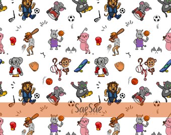 Puede incluir: Patrón repetitivo de animales de dibujos animados practicando varios deportes. Los leones juegan al fútbol, los elefantes tocan la batería, los gatos andan en monopatín y los rinocerontes juegan al baloncesto. Otros deportes incluyen golf, béisbol y boxeo. Fondo blanco.