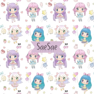 Kawaii Seamless Pattern With Adorable Chibi-Style Girls, Instant Digital Download, High Resolution PNG and JPEG Formats