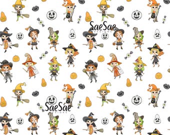 Halloween Seamless Pattern - Hexenmädchen, Kürbisse, Süßigkeiten (Digitaldruck)