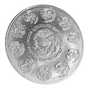 May include: Silver coin with the text "Estados Unidos Mexicanos" and an eagle design.
