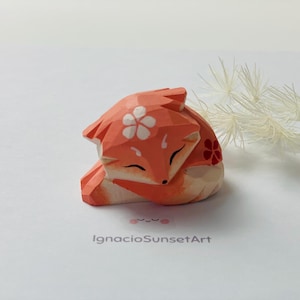 Handcrafted Wooden Fox Figurine - Floral Design