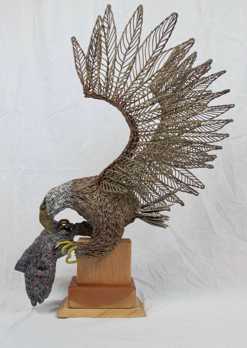 Metal wire Sculpture of Bald Eagle catching fish | Etsy
