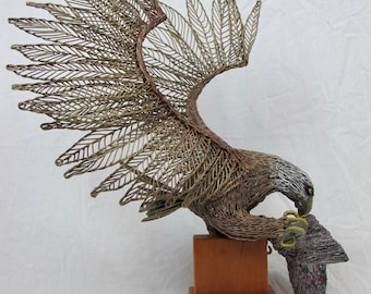 Metal wire Sculpture of Bald Eagle catching fish